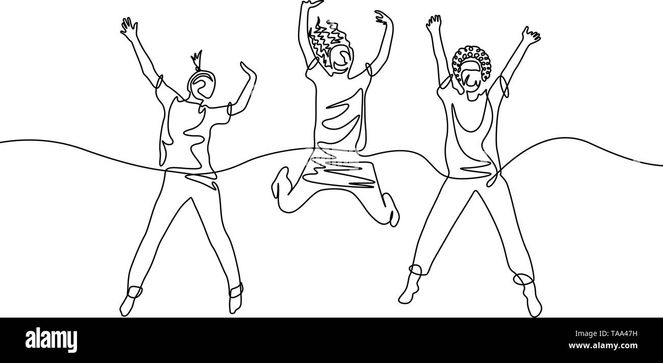 Kontinuierliche eine Linie zeichnen Drei springen Mädchen Stock Vektor