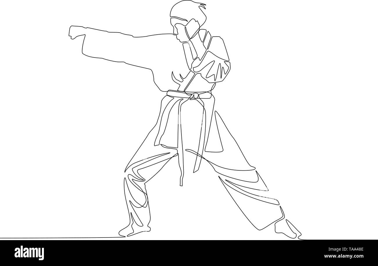 Durchgehende Linie zeichnen Karate Mädchen macht einen Punch. Vector Illustration. Stock Vektor