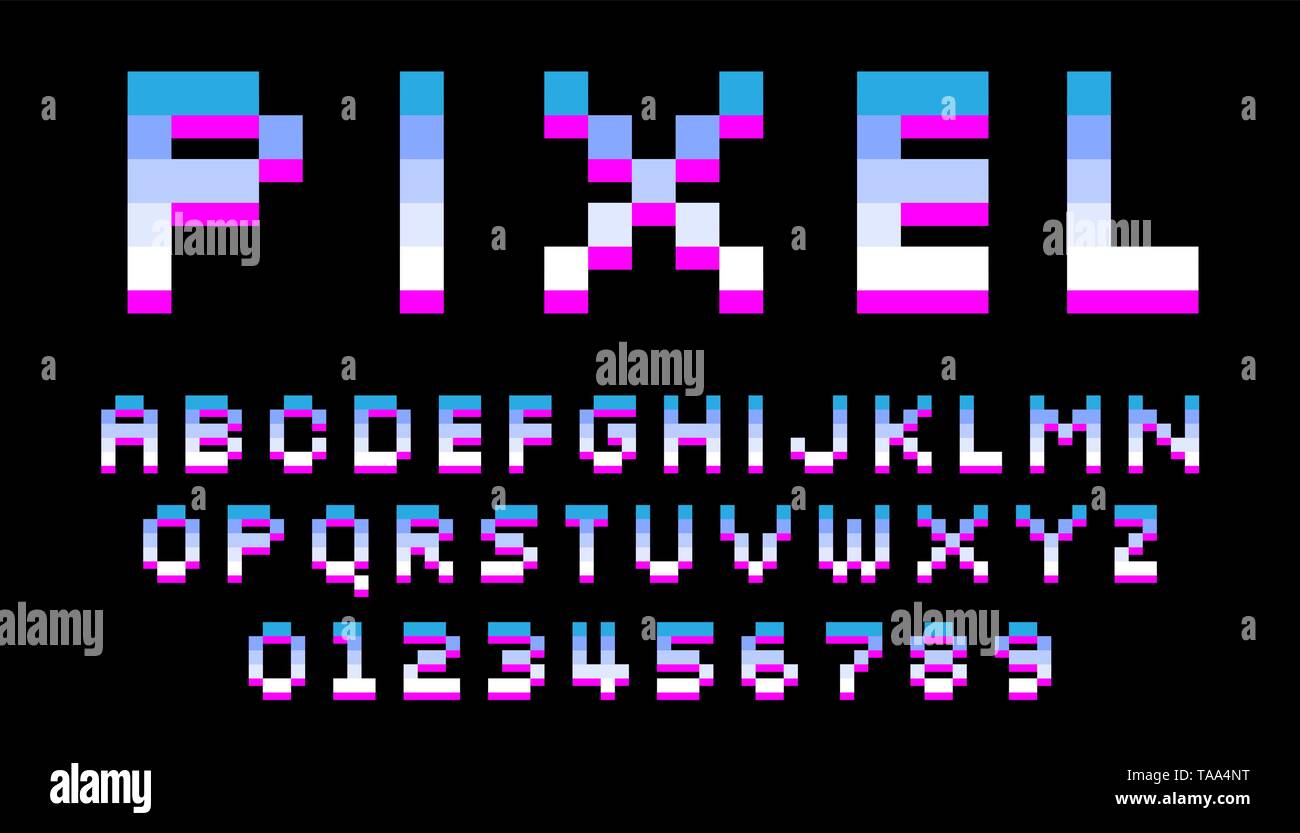 Pixel Font. 8-bit-Buchstaben und Zahlen. Stock Vektor