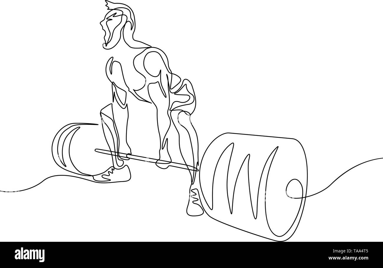 Kontinuierliche eine Strichzeichnung bodybuilder Kreuzheben durchführen. Powerlifting, Sport Thema. Stock Vektor