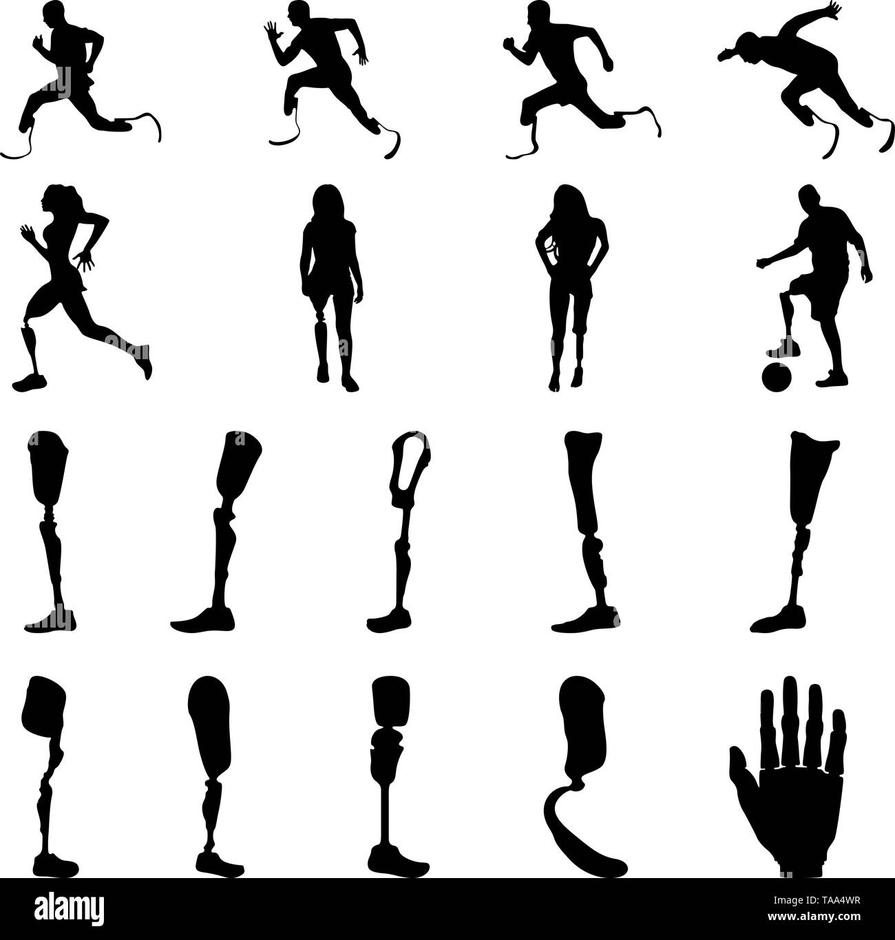 Silhouetten von amputee Menschen mit künstlichen Gliedmaßen. Silhouetten der prothetischen Beine und Arme. Stock Vektor