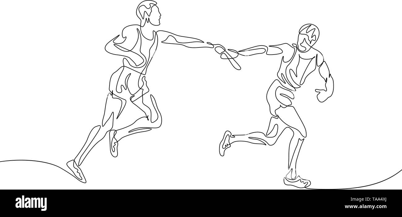 Kontinuierliche eine Strichzeichnung Staffellauf, Läufer übergibt den Dirigentenstab. Teamwork Konzept. Stock Vektor