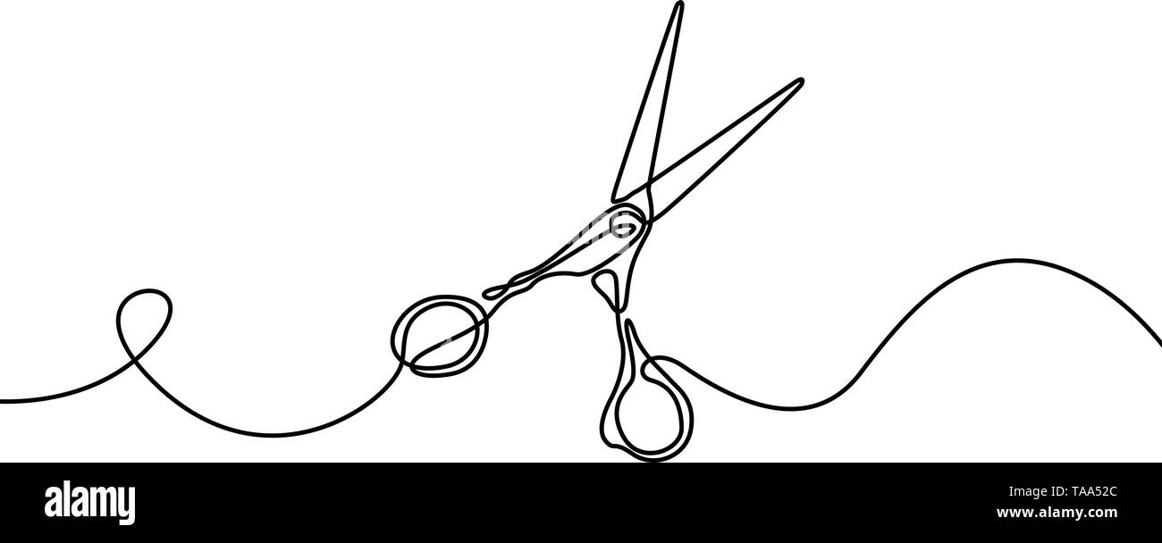 Die Schere. Desing Element für Barbershop. Durchgehende Linie zeichnen. Vector Illustration. Stock Vektor