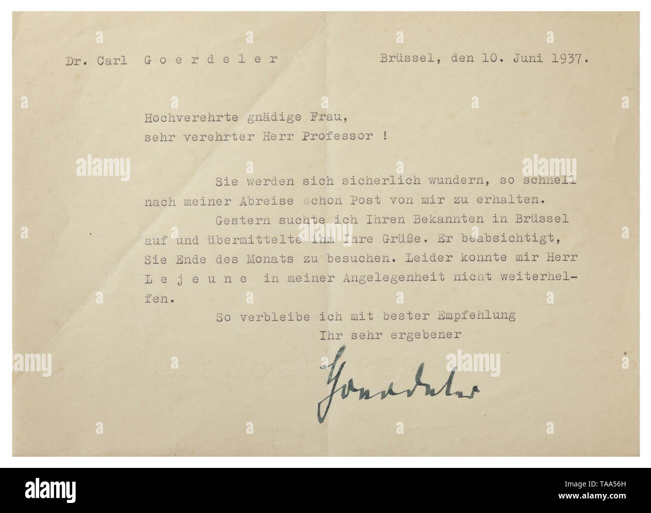 Dr. Carl Goerdeler (1884 - 1945) - ein Brief mit Originalunterschrift Schreiben vom 10. Juni 1937 an ein Ehepaar, mit denen er freundschaftliche datiert. Während auf seiner Reise nach Brüssel im Juni 1937 Goerdeler, Kontakte mit der Wirtschaft, der Politik und der belgischen Königshaus. Papier mit Wasserzeichen. Abmessungen Ca. 21 x 15 cm. Carl Goerdeler und Paul Lejeune-Jung (1882 - 1944) wurden wegen ihrer Mitgliedschaft in der deutschen Widerstandsbewegung ausgeführt. historischen, historische, 20. Jahrhundert, Widerstand, NS, Nationalsozialismus, Nationalsozialismus, Drittes Reich, Deutsche Reich, Deutschland, Objekt, Editorial-Use - Nur Stockfoto