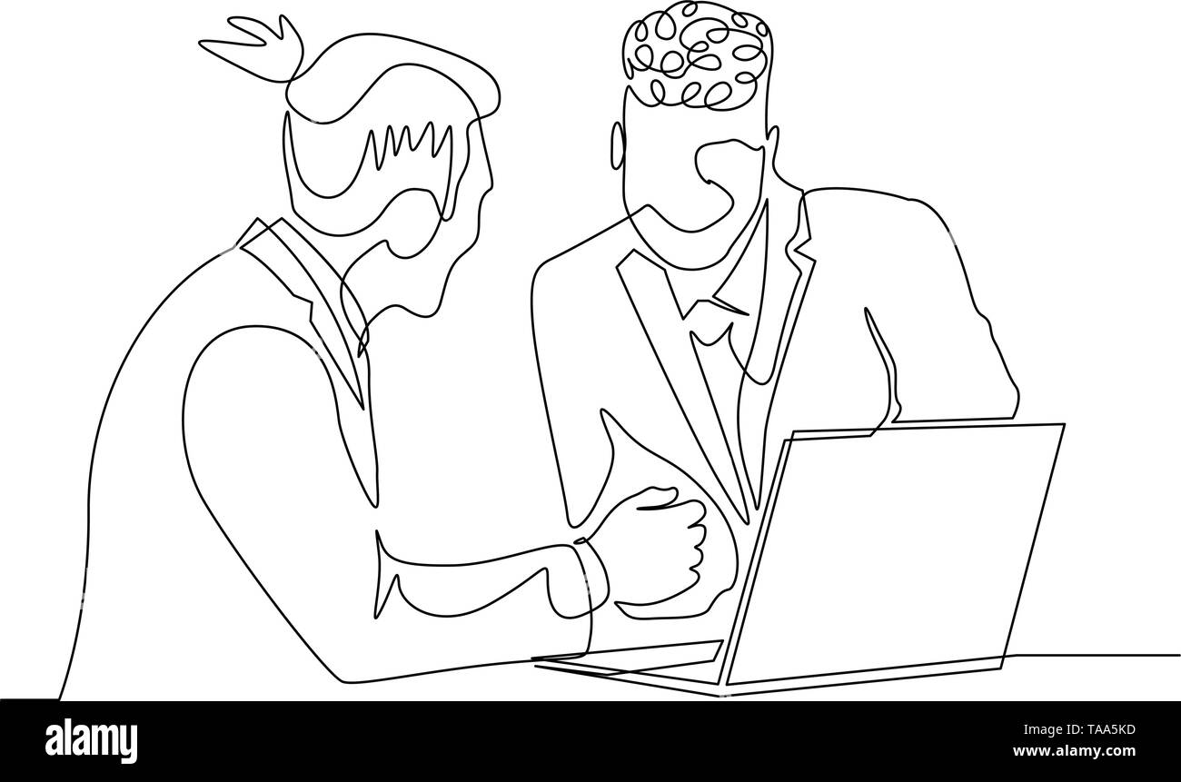 Kontinuierliche eine Linie zeichnen zwei Unternehmer arbeiten zusammen mit Hilfe Laptop Stock Vektor