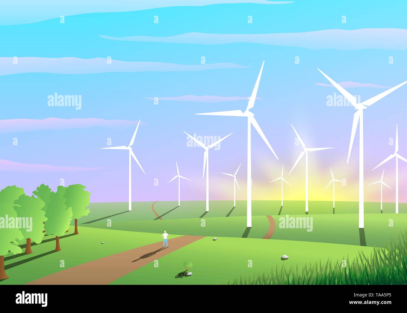 Malerische Landschaft eines Windparks, Ökologie Konzept Stock Vektor