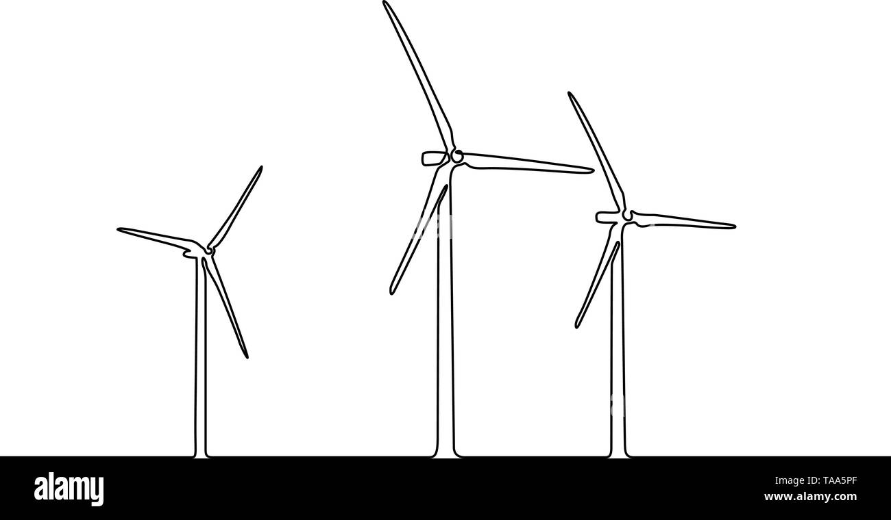 Durchgehende Linie Windpark. Windkraftanlagen. Horizontale Achse Windpark. Stock Vektor