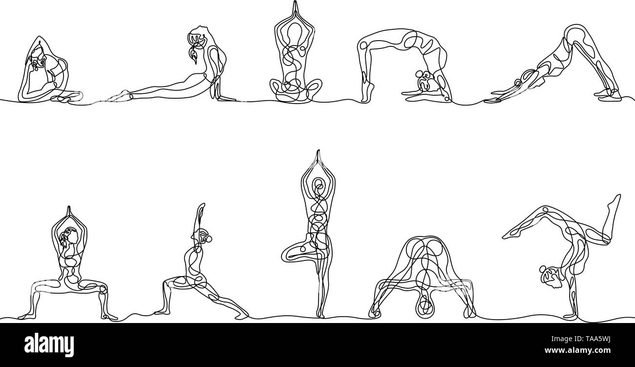 Kontinuierliche eine Strichzeichnung Satz von Frau Yoga Posen. Vektor Stock Vektor