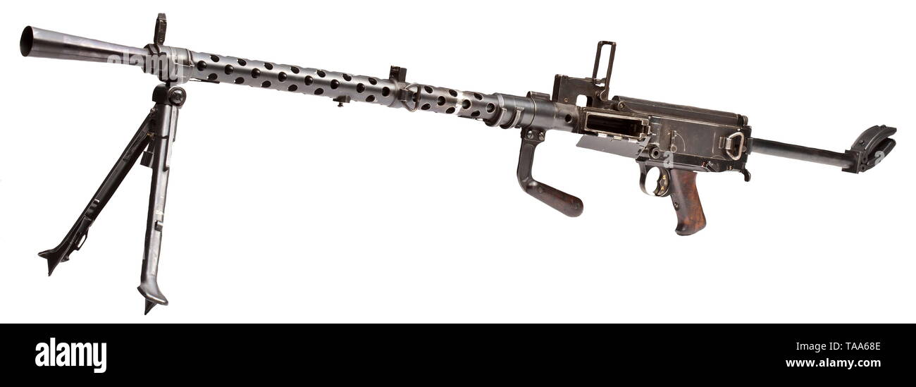 Eine Dreyse Light Machine Gun Mod. 13 ('Metralhadora Dreyse m/938"), Portugal Vertrag 1938, de-aktiviert Waffe Cal. 8x 57. Schnauze Flash Hider. Zweibein. Tragegriff. Faltbare schulter Lager. 25-shot box Magazin. Auf der rechten Seite des Empfängers portugiesische Wappen mit der Jahreszahl "1938". Verschiedene Akzeptanzzeichen eagle/WaA 4. Die komplette original beenden. Kommt mit leeren - Zündung Adapter und ein Magazin Platte mit acht Zeitschriften. Alle Teile beweglich. Auch durch die Wehrmacht Einheiten während der zweiten Hälfte des WW II. Zertifizierte Modifikation. Länge 146/120 cm. historischen, geschichtlichen, Portuga, Editorial-Use - Nur Stockfoto