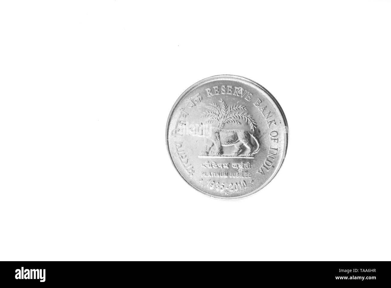 Eine Rupie Münze auf weißem Hintergrund, Indien, Asien, 2010 Stockfoto