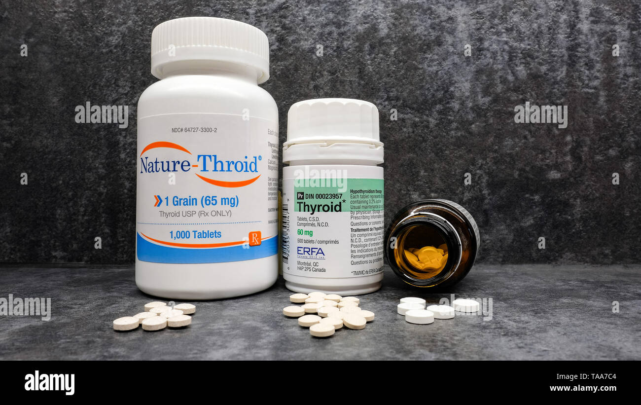 Hypothyreose Schilddrüsenhormon Behandlung. Synthetisches Levothyroxin und natürliche (getrocknet und gemahlen) Tier Schilddrüse mit T4 und T3-Droge Gläser. Stockfoto