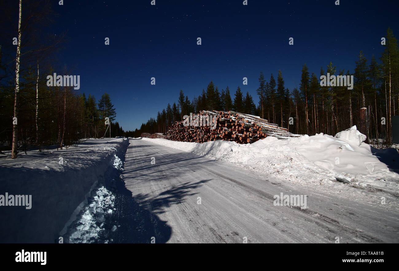 Blick auf eisglatter Fahrbahn in Nordschweden mit viel Holz auf der Seite. Stockfoto