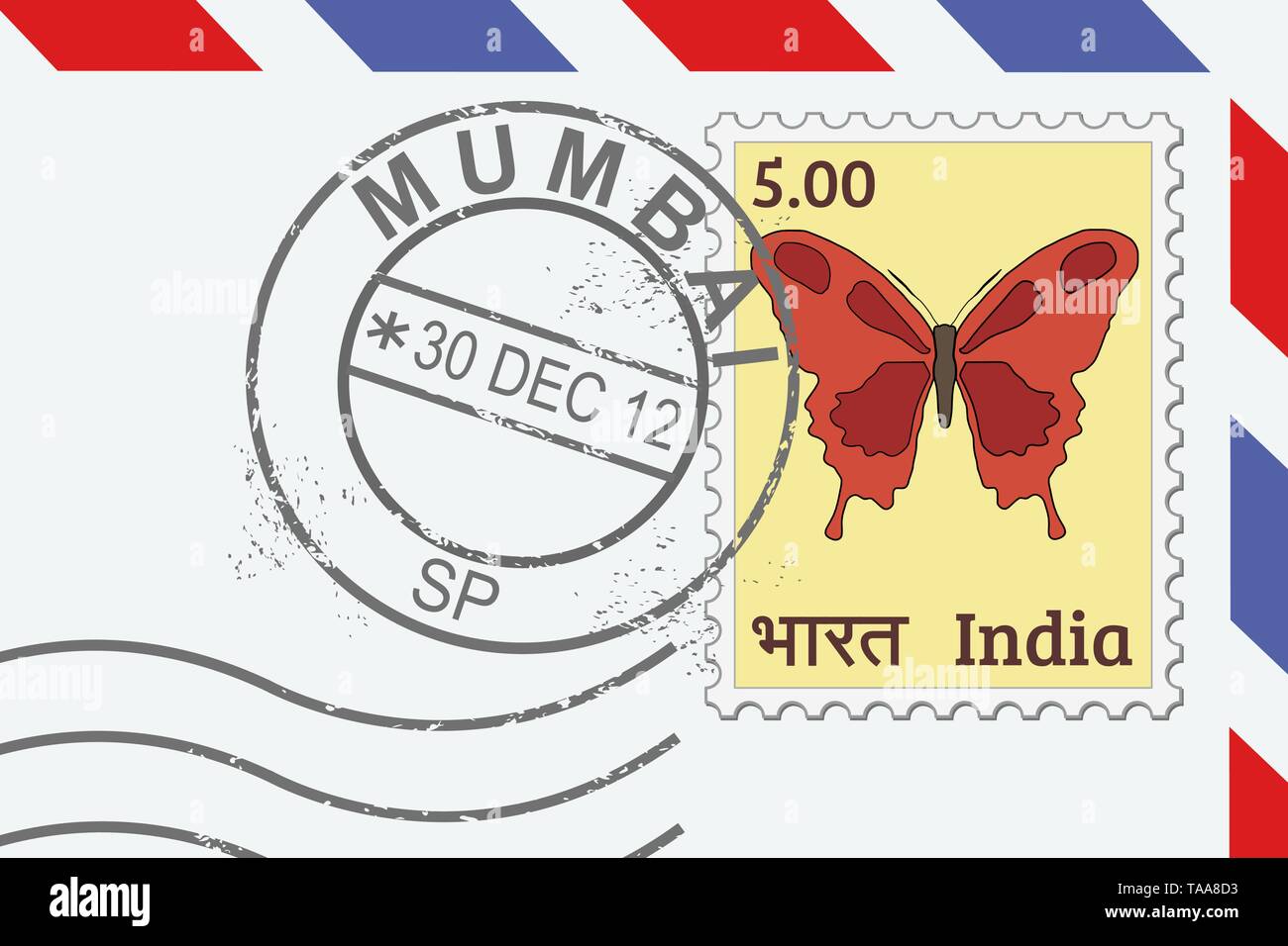 Brief aus Indien - Briefmarken und Poststempel aus Mumbai. Indische mail. Stock Vektor