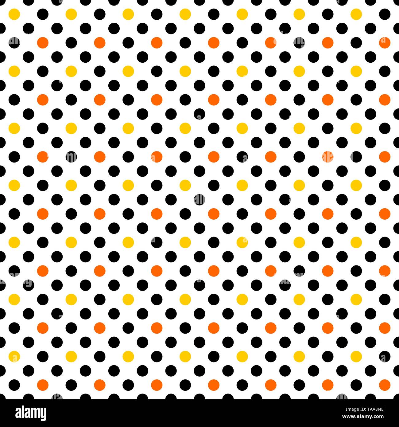 Polka Dots Textur. Schwarz, Gelb und Orange auf Weiß. Classic Fashion Style nahtlose Hintergrund. Stock Vektor