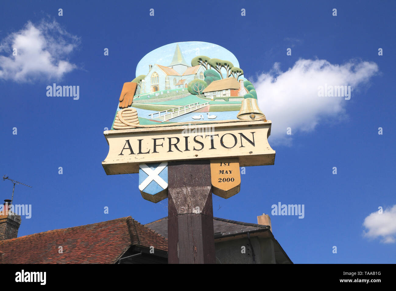 Alfriston Ortsschild, East Sussex, Großbritannien Stockfoto