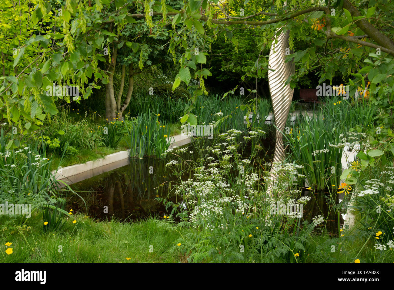 Einen zentralen Pool und Skulptur von wilden Blumen im Savills und David Harber Garten an der RHS Chelsea Flower Show 2019, London, UK umgeben Stockfoto