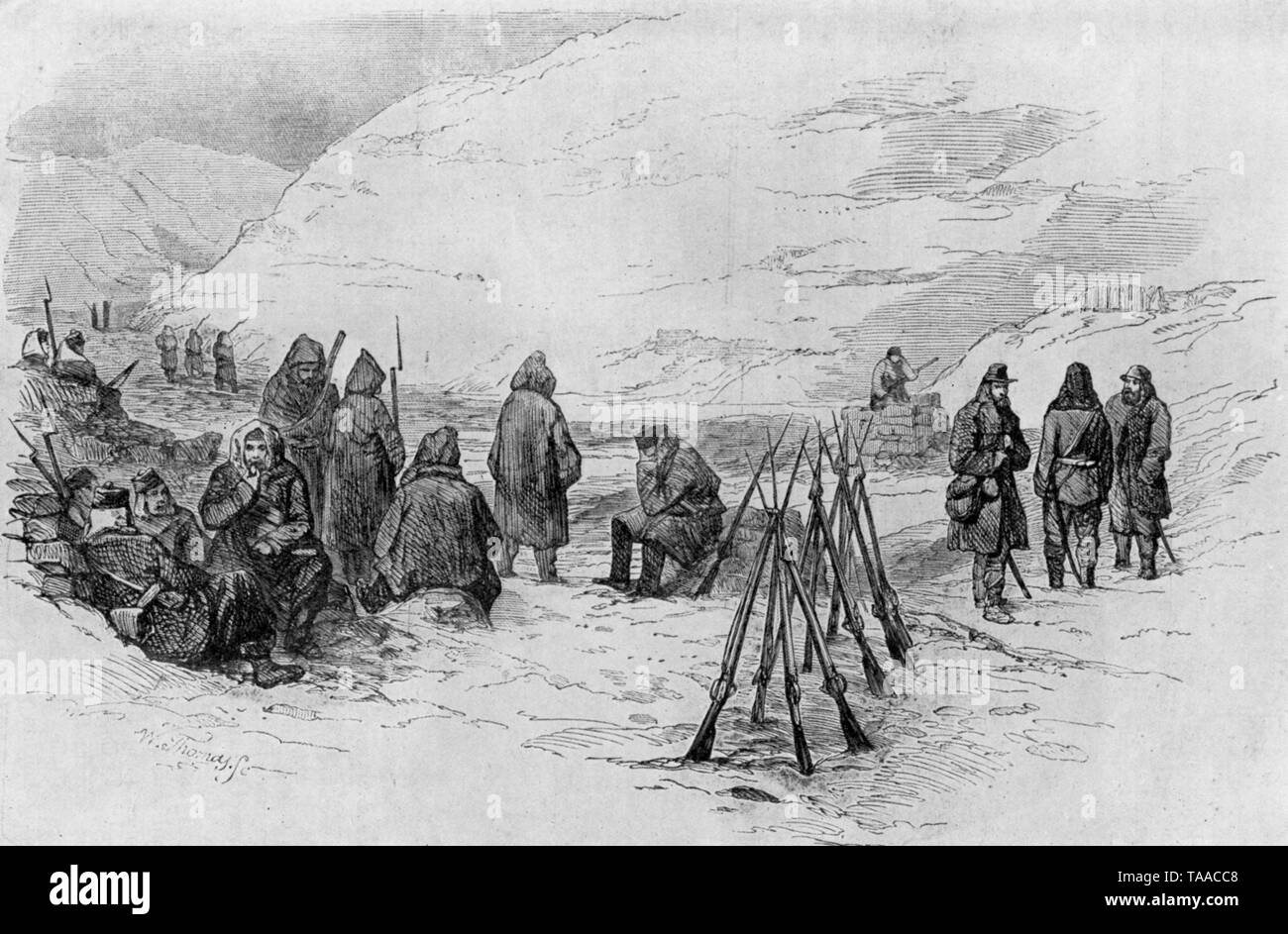 „Winter auf der Krim, 1855“. Von W Thomas. Ein abgelegene Streikposten des Regiments 90. im Schnee, in der mittleren Schlucht, vor Sebastopol. Aus „The Illustrated London News“, 10.. März 1855. Der Krimkrieg (1853-1856) war ein Konflikt zwischen dem Russischen Reich und einer Allianz europäischer Imperien, darunter Frankreich, Großbritannien und Sardinien. Der Krieg war Teil eines lang andauenden Kampfes zwischen den großen europäischen Mächten um Einfluss auf die Gebiete des rückläufigen Osmanischen Reiches. Stockfoto