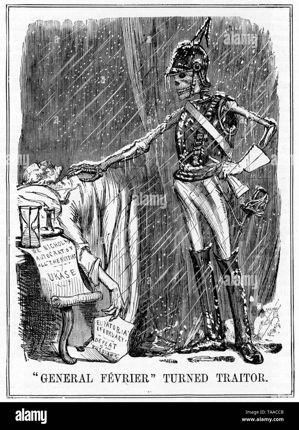 'General Fevrier wurde zum Verräter'. Von John Leech (1817-1864). Zar Nikolaus I. starb am 2. 1855. März. Er hatte gesagt: „Russland hat zwei Generäle, denen sie vertrauen kann, die Generäle Janvier und Fevrier“. Von Punch, März 10. 1855. Stockfoto