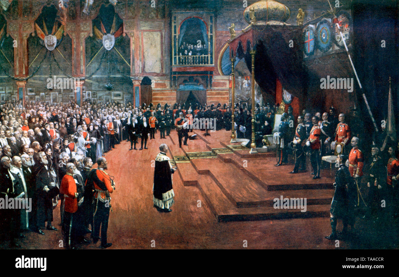 Staatsbesuch von Queen Victoria zur Glasgow International Exhibition', 22.. August 1888. Von Sir John Lavery (1856-1941). Oberstleutnant Archibald Campbell, 1. Baron Blythswood (1835-1908), liest die Ansprache vor Ihrer Majestät vor. Die Internationale Ausstellung für Wissenschaft, Kunst und Industrie war die erste von vier internationalen Ausstellungen, die Ende des 19.. Und Anfang des 20.. Jahrhunderts im schottischen Glasgow im Kelvingrove Park stattfanden. Stockfoto