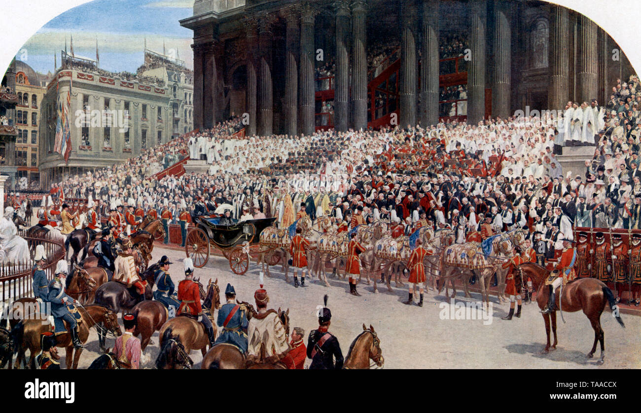 St Paul's Cathedral: Queen Victoria's Diamond Jubilee', 22. Juni 1897. Von Andrew Carrick Gow (1848-1920). Queen Victoria's Diamond Jubilee Prozession durch London Pause für ein Open-air Service von Thanksgiving außerhalb von St. Paul's Cathedral. Stockfoto