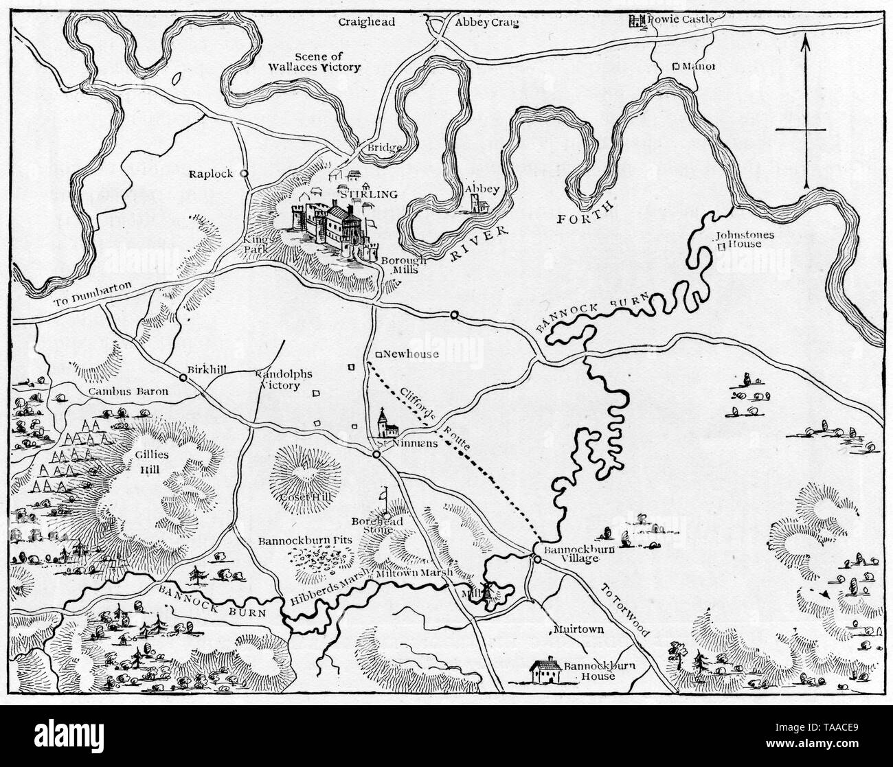 Plan der Schlacht von Bannockburn. Die Schlacht von Bannockburn wurde am 24. Juni 1314 gekämpft und war ein bedeutender schottischer Sieg im ersten Krieg der schottischen Unabhängigkeit. Stockfoto