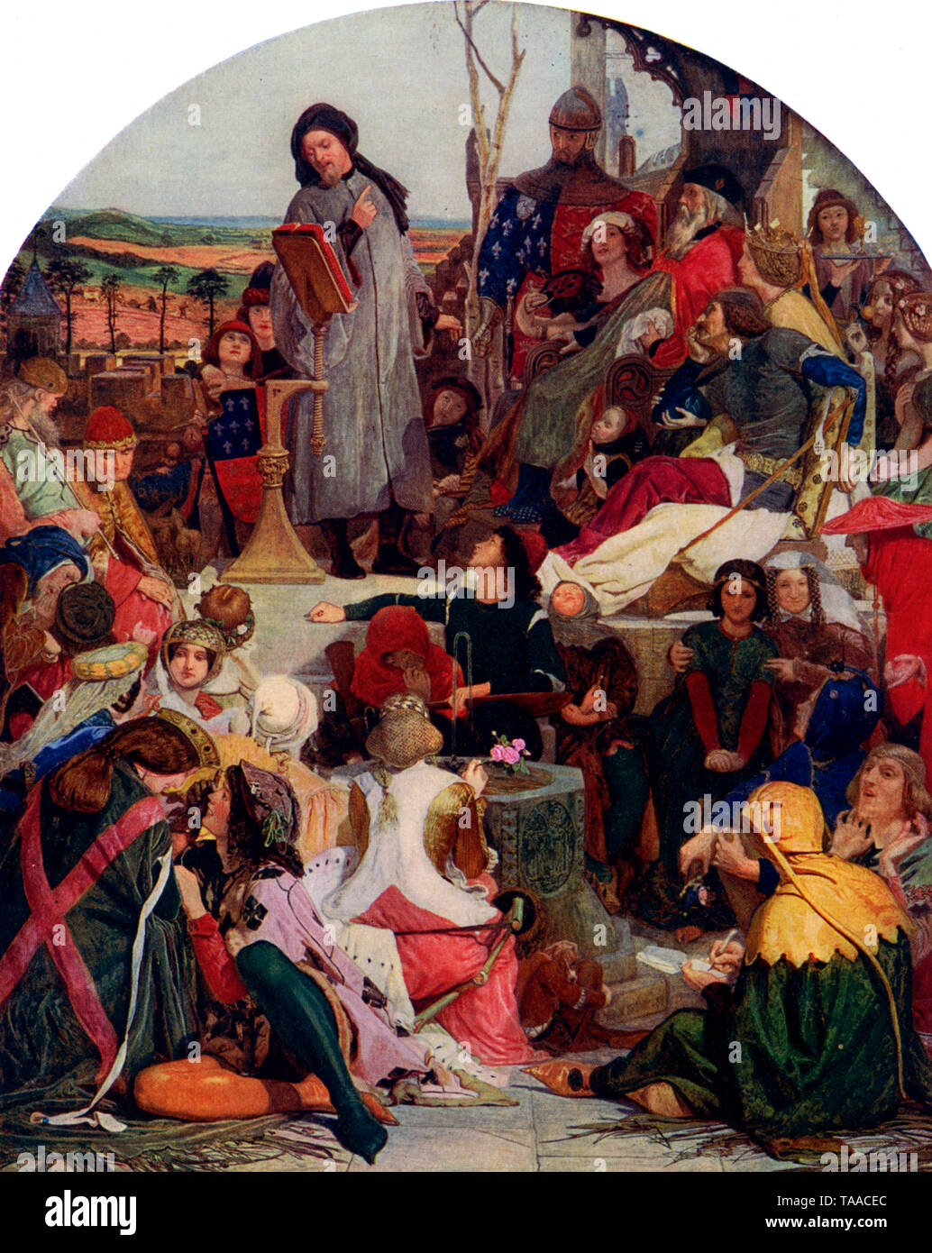 Chaucer am Hof von Edward III. Von Ford Madox Brown (1821-1893). Dies war Ford Madox Brown's größte und ehrgeizigste Malerei und wurde 1851 ausgestellt. Es zeigt Geoffrey Chaucer (c 1343-1400) seine "Legende von Custance' lesen. Unter den Anwesenden sind: Edward III, Edward, der schwarze Prinz, Alice Perrers und John von Gaunt. Stockfoto