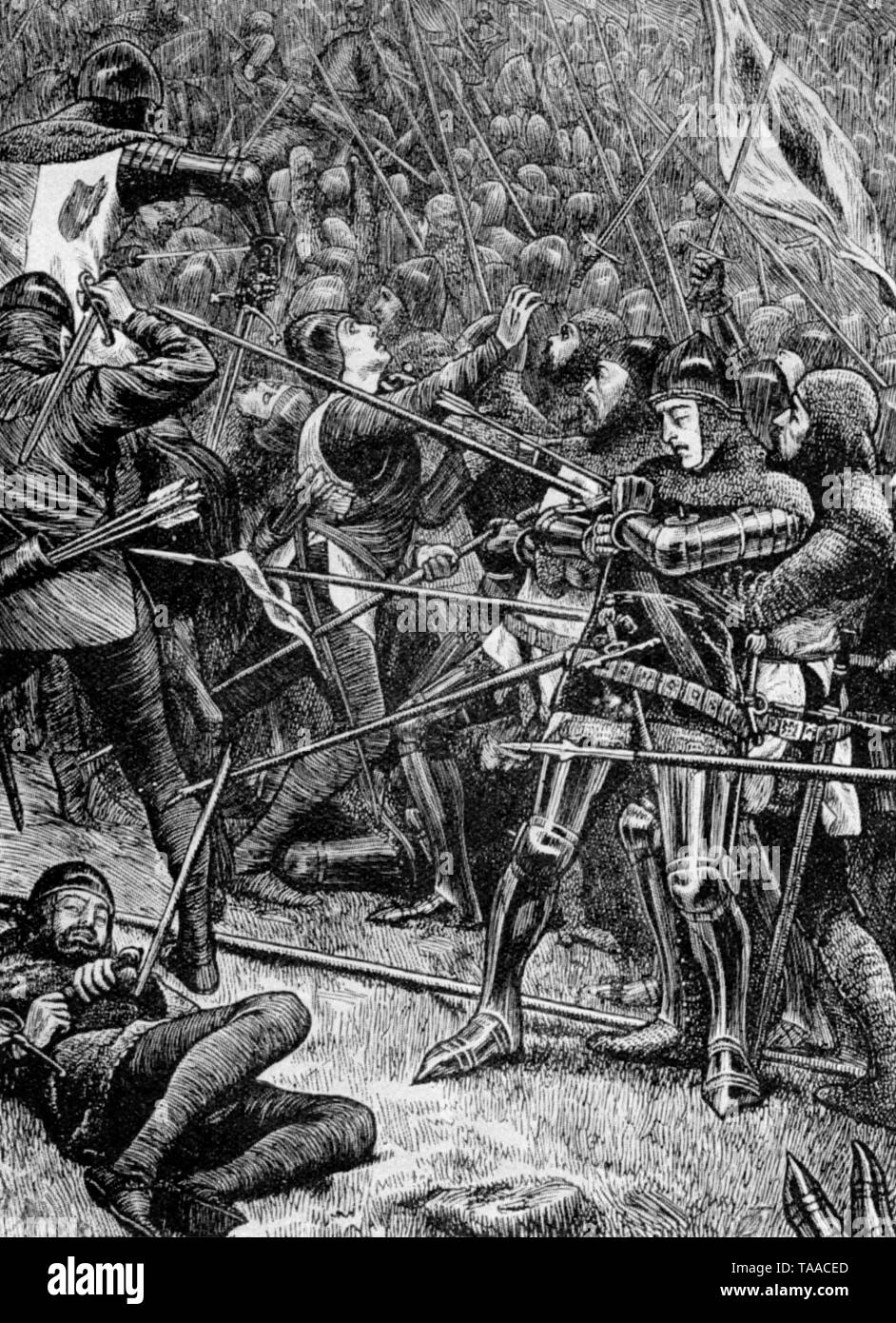 „Die Verantwortung der Schotten auf dem Halidon-Hügel“. Von John McLaren Ralston (1849-1883). Die Schlacht am Halidon Hill wurde am 19.. Juli 1333 während des Zweiten Weltkriegs der schottischen Unabhängigkeit ausgetragen. Stockfoto