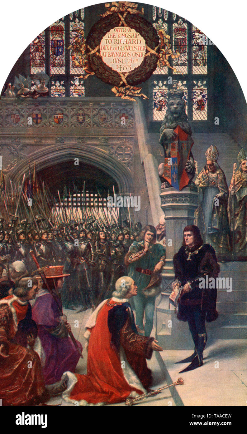 Angebot der Königschaft an Richard, Herzog von Gloucester, in Baynard's Castle, 26.. Juni 1483. Von Sigismund Christian Hubert Goetze (1866-1939). Richard III. (1452-1485) war zwei Jahre lang König von England, von 1483 bis zu seinem Tod 1485 in der Schlacht von Bosworth Field. Er war der letzte König von Plantagenet. Stockfoto