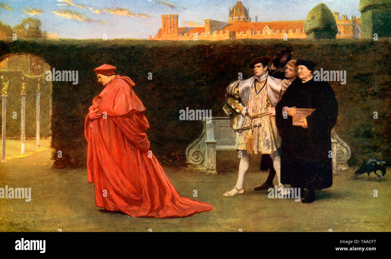 „Die Wolken, die sich um die untergehenden Sonne sammeln, oder Kardinal Wolsey in Schande“. Von John Seymour Lucas (1849-1923). Henry VIII und Thomas Cranmer konfrontieren Kardinal Wolsey auf dem Gelände des Hampton Court Palace. Es wird gesagt, dass Kardinal Wolsey (c1473-1530) in der Zeit vor seiner Entlassung stundenlang in seinem Garten darüber nachdenken würde, Besucher zu ignorieren, so mächtig oder wichtig sie auch sein mögen. Stockfoto