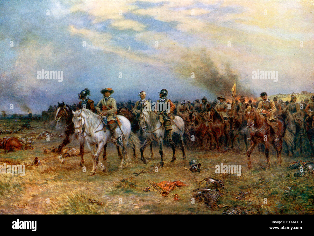 Cromwell in Marston Moor. Von Ernest Crofts (1847-1911). Oliver Cromwell in der Schlacht von Marston Moor mit seinem Regiment der Ironsides. Die Schlacht war am 2. Juli 1644 kämpften, während der ersten englischen Bürgerkrieg von 1642 - 1646. Stockfoto