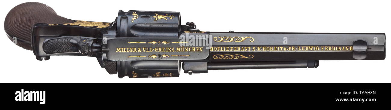 Prinz Ludwig Ferdinand - Miller & Val. Greiss luxus Revolver Kaliber 11 mm, Nr. 403. Von der Münchner Hoflieferant Miller & Val hergestellt. Greiss auf der Grundlage der Revolver von österreichischen Hersteller Gasser. Sechs Schüsse. Doppel-/Einzel- Aktion auslösen. Tor auf der rechten Seite des Rahmens. Achteckige barrel. Waffe fertig Schwarz. Dekorationen in der Entlastung Form: King's Arms auf der linken Seite des Rahmens von zwei Löwen gehalten. Auf der rechten Initialen 'L' und 'F' unten Krone verflochten. Weitere Verzierungen auf Abzugsbügel und Zylinder. Auf der oberen Seite des Rahmens, Additional-Rights - Clearance-Info - Not-Available Stockfoto