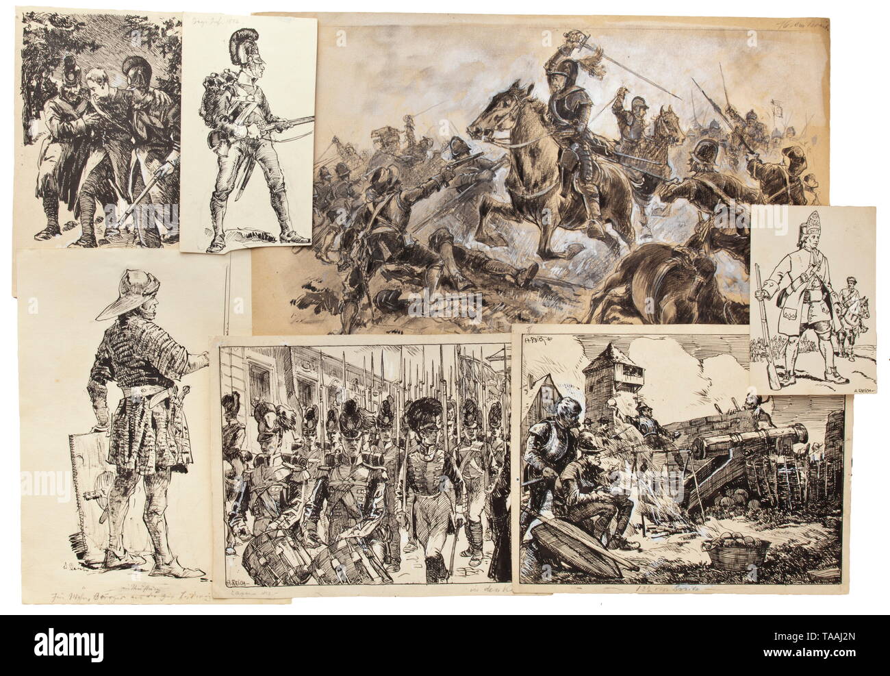 Albert Reich (1881 - 1942), Krieg artist - ca. 100 Zeichnungen aus seinem Nachlass Tinte, Bleistift, Kreide und Deckweiß auf Papier oder Karton, meist signiert "A. Reich' oder 'ar', viele auch mit dem richtigen Titel. Vorwiegend militärische Motive, häufig aus der Bayerischen Geschichte. In den Plätzen leicht beschädigt, Anzeichen des Alters. Abmessungen von 11 x 8 cm 21 x 35 cm. Zeichnungen von herausragender künstlerischer Handwerkskunst. Interessantes Archivmaterial. historischen, geschichtlichen, Bayern, Bayrisch, Deutsch, Deutschland, Süddeutschland, im Süden von Deutschland, Objekt, Objekte, sti, Additional-Rights - Clearance-Info - Not-Available Stockfoto