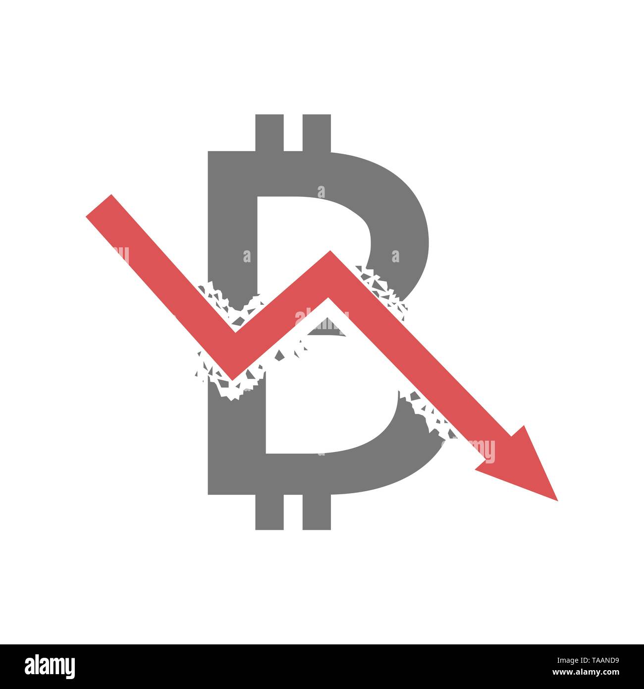 Zusammenbruch der Bitcoin. Bitcoin Symbol mit dem roten Pfeil, Finanzkrise Konzept Vector Illustration Stock Vektor