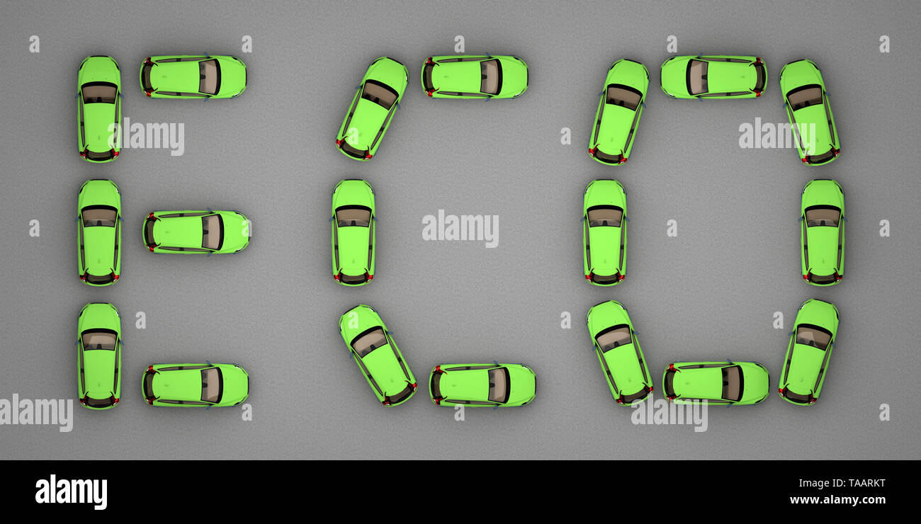 Text eco von grüne Autos Ansicht von oben. 3D-Rendering Stockfoto