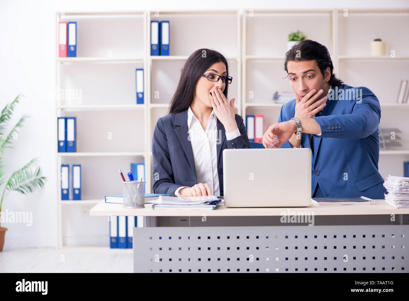 Zwei Mitarbeiter, die im Büro Stockfoto