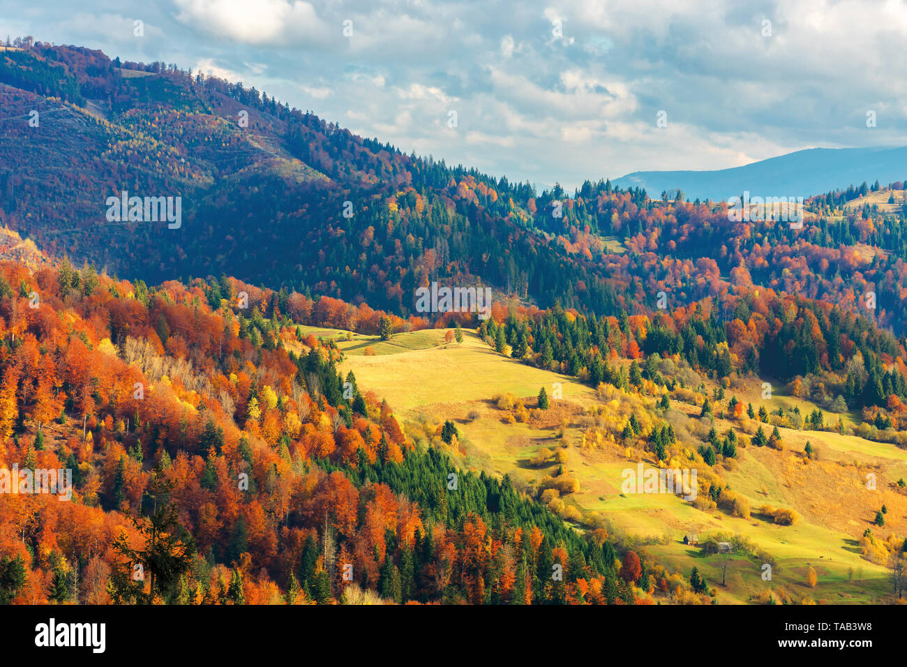 Helle Herbst Landschaft in den Bergen. Wald auf Hügeln in buntes Laub. sonnigen Abend mit bewölktem Himmel Stockfoto