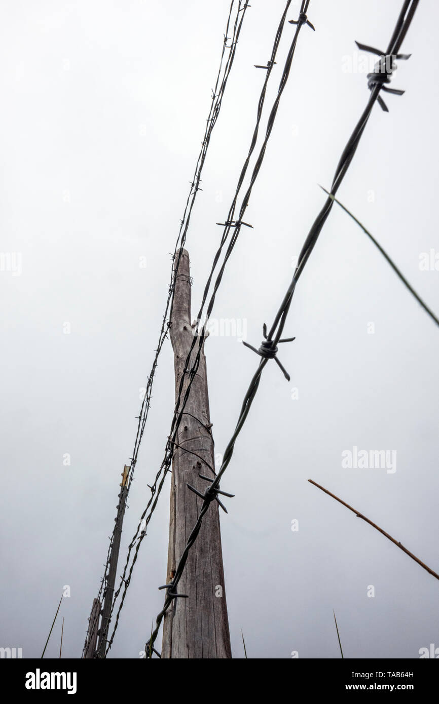 In der Nähe von Stacheldraht zaun & Holzzaun Post gegen bedeckt stürmischen Himmel; Ranch in Colorado, USA Stockfoto