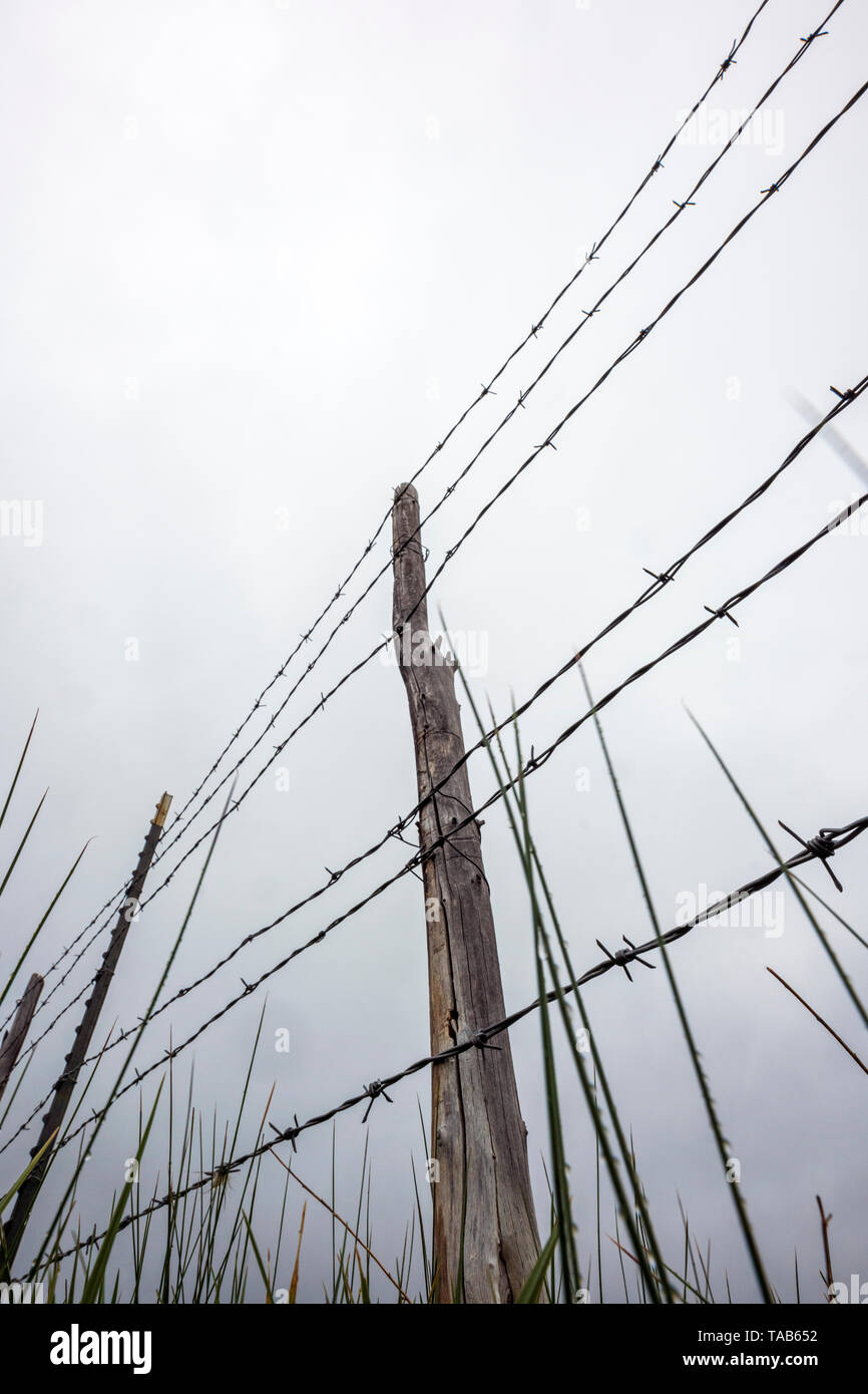 In der Nähe von Stacheldraht zaun & Holzzaun Post gegen bedeckt stürmischen Himmel; Ranch in Colorado, USA Stockfoto