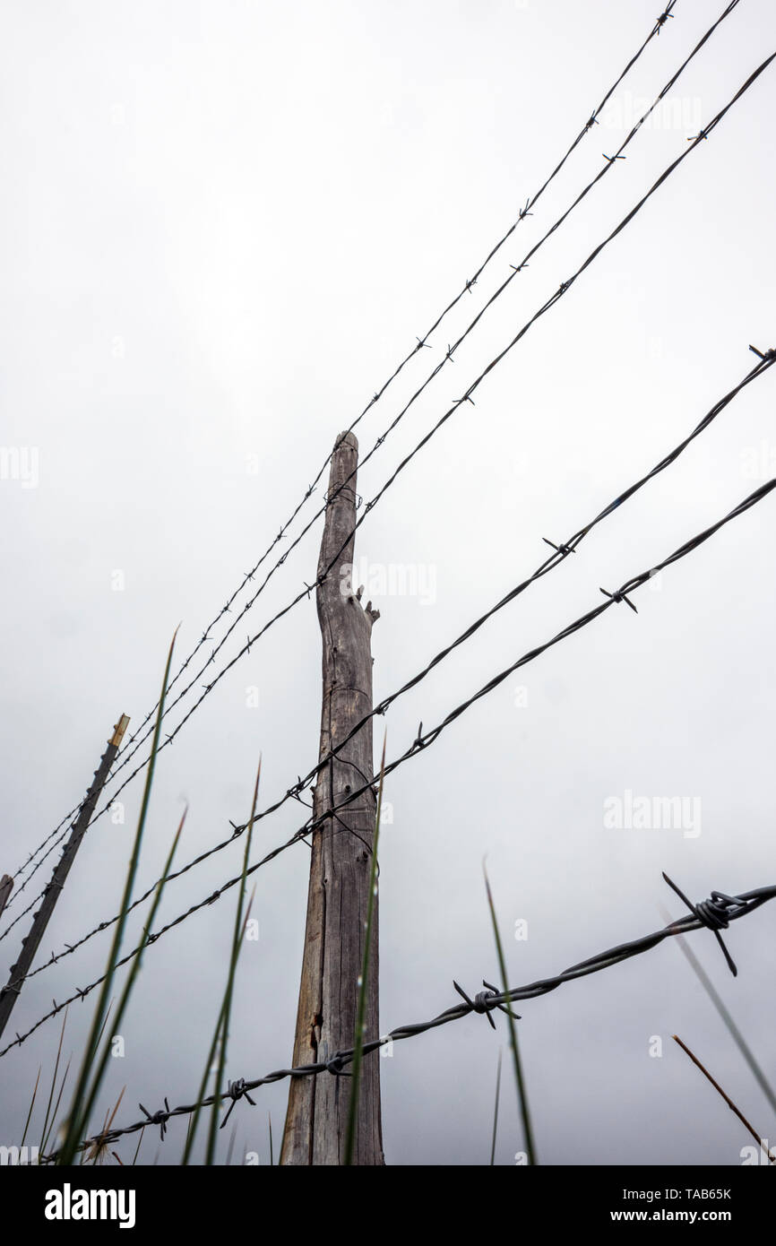 In der Nähe von Stacheldraht zaun & Holzzaun Post gegen bedeckt stürmischen Himmel; Ranch in Colorado, USA Stockfoto