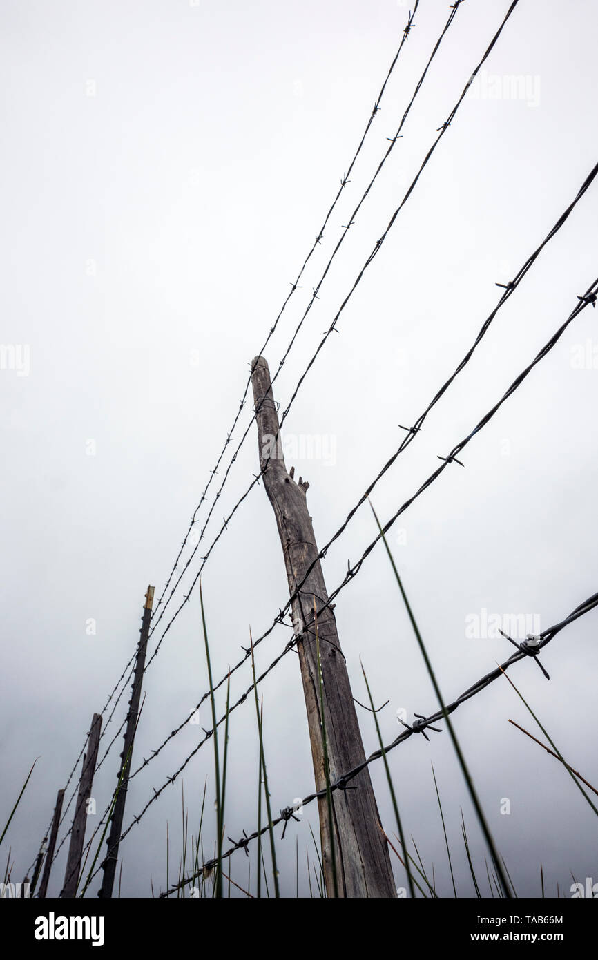 In der Nähe von Stacheldraht zaun & Holzzaun Post gegen bedeckt stürmischen Himmel; Ranch in Colorado, USA Stockfoto