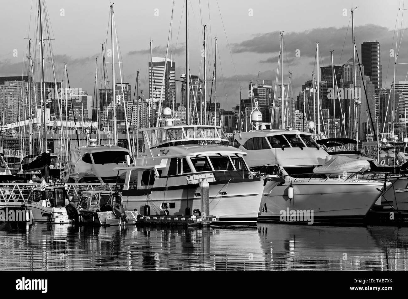 Retro-Bild der Elliott Bay Marina mit Seattle Skyline bei Sonnenuntergang Stockfoto