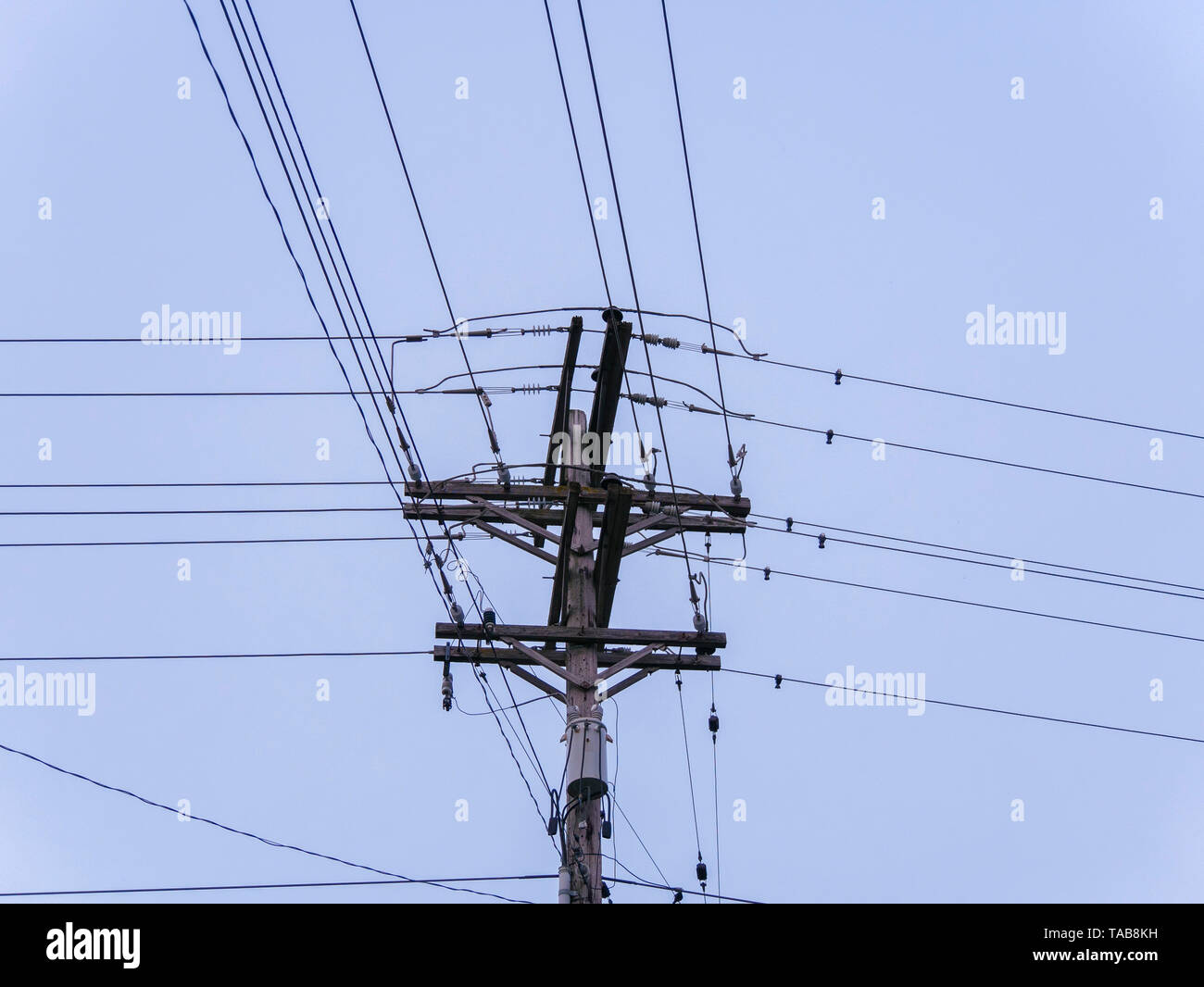 Utility Pole und Drähten. Stockfoto