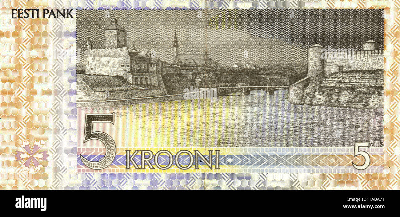 Banknote aus Estland, 5 Kronen, sterben Iwangorod und Festungen Hermannsfeste, getrennt durch den Fluss Narva in Iwangorod (Russland), 1994, Banknoten aus Estland, 5 Krone, Hermann Burg und Festung Iwangorod vom Fluss Narva in Iwangorod, Russland, 1994 getrennt Stockfoto