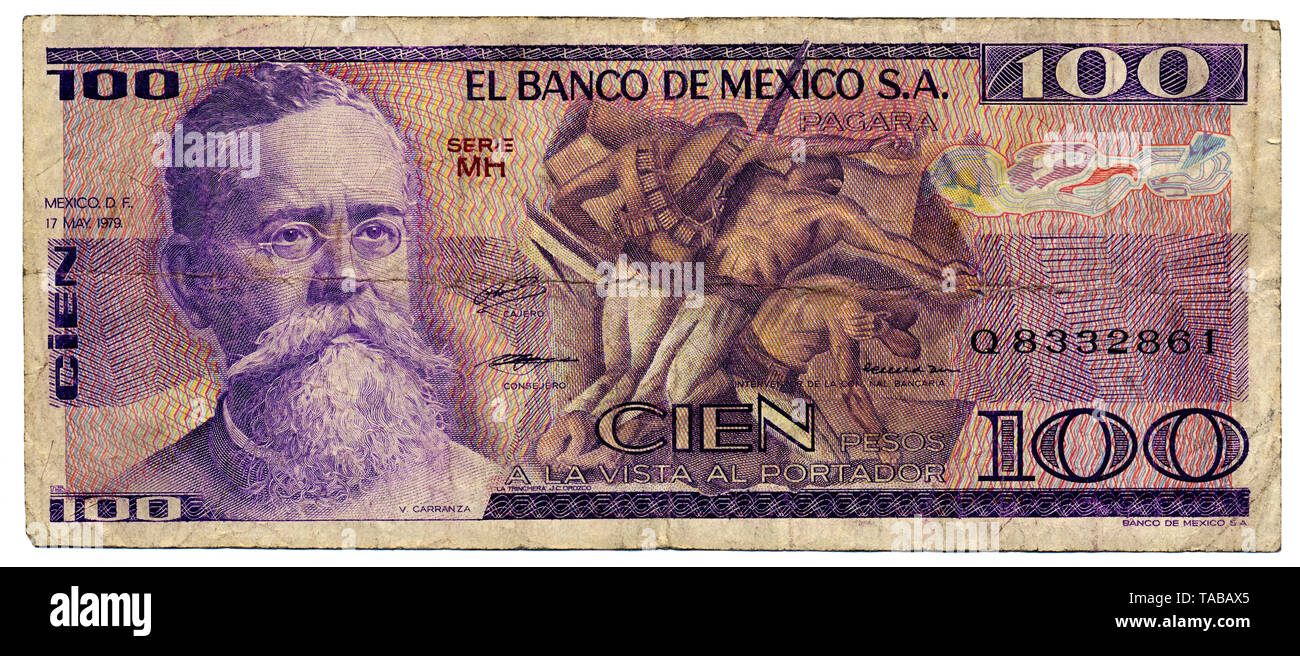 Historische Banknote, 100 Peso, Venustiano Carranza de La Garza, 1979, Mexiko Stockfoto