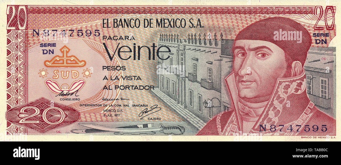 Banknote aus Mexiko, 20 Peso, José María Morelos y Pavón, 1977, Banknote aus Mexiko, 20 Peso, José María Morelos y Pavón Stockfoto