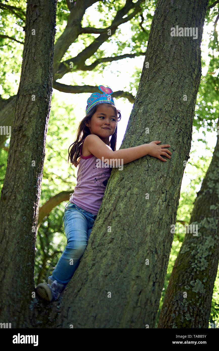 Nette junge Asiatin auf einen Baum und liebevoll umarmen den großen Stamm des Baums Stockfoto