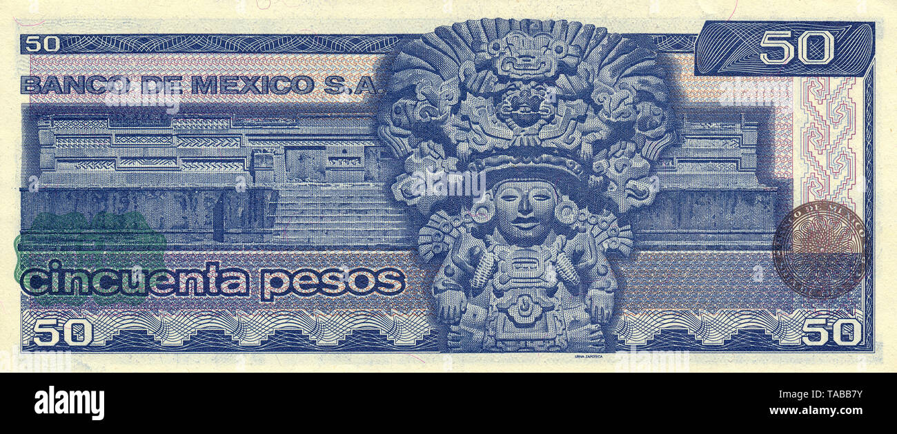 Banknote aus Mexiko, 50 Peso, Urna Zapoteca, aztekischer Gott der Zapoteken, 1981, Banknote aus Mexiko, 50 Peso, Urna Zapoteca, aztekischen Gott der Zapoteken, 1981 Stockfoto