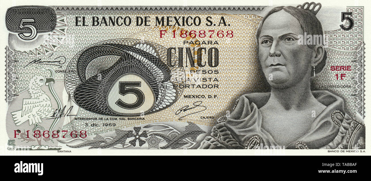 Banknote, 5 Pesos, Mexiko, sterben Nationalheldin Josefa Ortiz de Domínguez Oder La Corregidora, 1969 Stockfoto