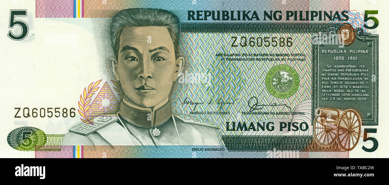 Banknoten aus den Philippinen, 5 Peso, Piso, Emilio Aguinaldo y Famy, 2006, Bank Note aus den Philippinen Stockfoto