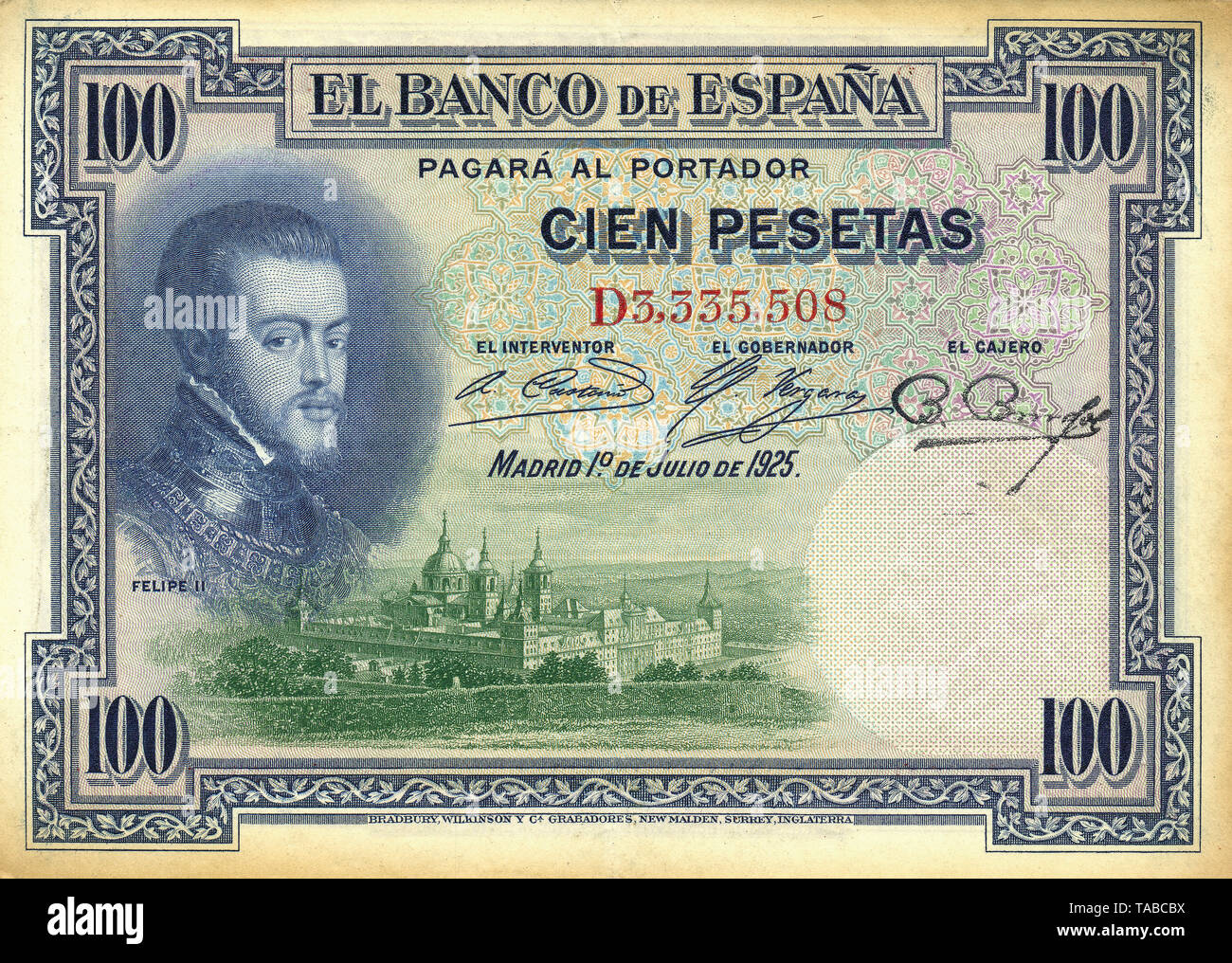 Banknote aus Spanien, 100 Peseten, Philipp II. von Spanien, Philipp II, 1925 Stockfoto